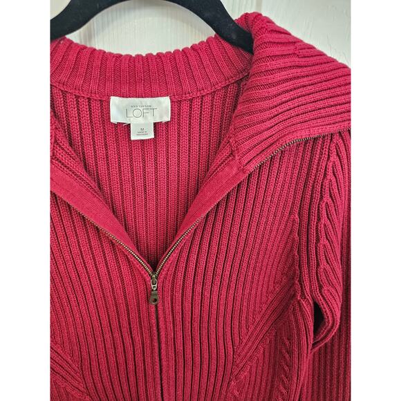 Ann Taylor LOFT Red Fold Over Collar Ribbed Zip Sweater Size M - Picture 2 of 4